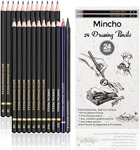 Минчо Professional Скица Рисунка Молив Set - 24 Piece Artist Pencils Set Включва графит, въглен, ластиковые моливи (7H-14B),
