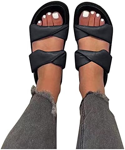 Slide Sandals for Women, Summer Roman Casual Leather Пийп Round Toe Slip On Thick-Soled Soft Band Beach Walking Плосък Slippers Shoes Clearance