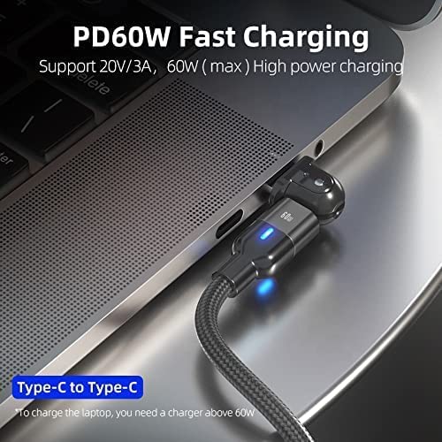 Top-Up 2-in-1 USB C to C USB Charging Cord PD & QC Fast Charging Cable, 60W USB Type-C Cable with 180° Rotating Connector,