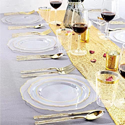 SHUUY 50 бр Прибори Прозрачна златна пластмасова чиния и сребърни изделия с блясък Подходящ за сватби и партита (цвят