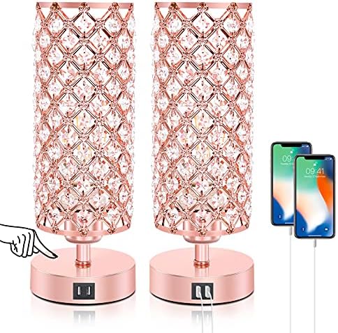 Ganiude Touch Control Crystal Rose Gold Table Lamp Set of 2, 3-Way Dimmable Nightstand Lamps with Dual USB Charging Ports, Декоративна Розово Нощно Настолна Лампа за Спални, Хол,Led крушки В Комплект