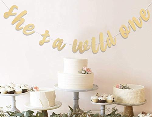 She ' s A Wild One Cursive Banner - Gold Script Glitter First Birthday Sign, Дива Forest Theme Декор, гърлс Party, Smash The Cake, Подпори За фото студио