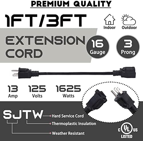2Pck Power Extension Cord 3 фут 16AWG Outdoor Extension Cable Heavy Duty Power Cord Extension with 3 Prong Grounded 16/3 SJTW 125V 13A 1625W Power Cable for Outdoor Indoor UL Listed