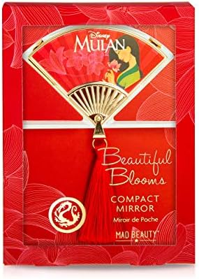 Mad Beauty Дисни Mulan Compact Mirror, Ярък Червен Красив дизайн на вентилатора с Пискюли, Златни Акценти, Малко Выдвижное Огледало, Подкрасьте своя грим, Великолепен подарък