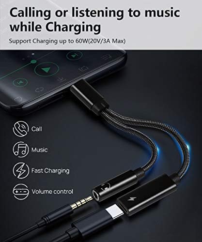 Samsung Galaxy S21 Адаптер за слушалки, 2 в 1 USB C до 3,5 мм Жак за слушалки Hi-Fi КПР с PD 60 Вата Бързо Зареждане на