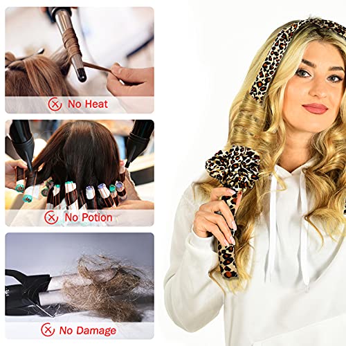 Heatless Curling Род Headband, No Heat Hair Curler with Hair Clips and Scrunchie, Heatless Curling Silk Ribbon for Long Hair Curls, Меки Гумени Ролки за Коса, Ролки за Сън през Нощта, Леопард