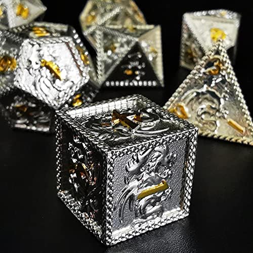 MJDICEOK DND Metal Dice Dragon Set 7 Role Playing Dice D&D Solid Dice Silver White