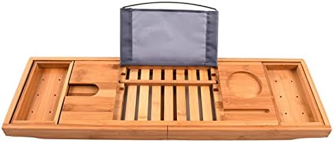 Garosa Bamboo Bath Tray Expandable Wood Bath with Tray Book/Tablet Holder Wine Glass Slot Expandable Wood Bath Caddy Free
