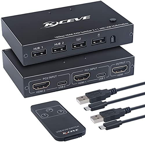 KCEVE HDMI KVM Превключвател, 2 USB Порта и HDMI 4K@60Hz Преминете Адаптер Кутия за 2 компютъра Споделя, Клавиатура, Мишка