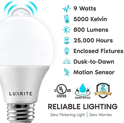 Luxrite A19 Led Лампа с датчик за движение, което е равно на 60 W, Сензор за движение от Здрач до Зори, 5000 До Ярко-бяла, на 800 лумена, Лампа за сигурност, За помещения/на открито,