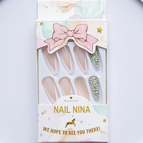 Xerling White Coffin Нейлз Press on French Лъжливи Nails with Rhinestones for Women Bling False Stick on Nails for Girls