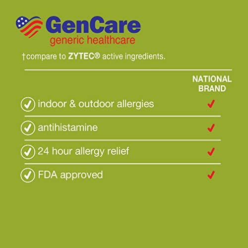 GenCare - Cetirizine разтвор на солна КИСЕЛИНА 10 mg (200 Броя) | 24 Hour Allergy Relief Таблетки | Best Value Generic
