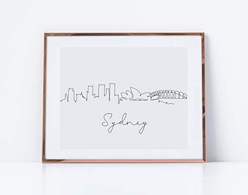 Sydney Skyline Pen and Ink Line Drawing Wall Decor | Черно-бял 14x11 БЕЗ РАМКА Австралия Модерен Минималистичен Принт | Australian Cityscape Wall Art