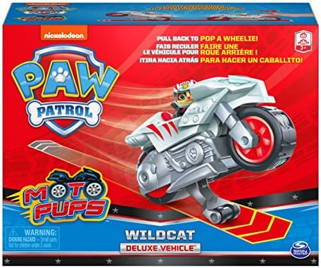 Paw Patrol, Moto Pups Wildcat' ' s Deluxe Pull Back Motorcycle Vehicle with Wheelie Feature and Toy Figure