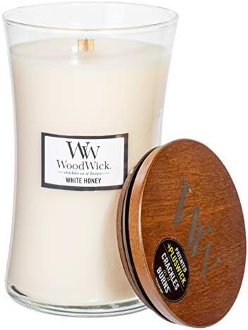 WoodWick White Honey Ароматизира Потрескивающая Дървена Фитильная Свещ Пясъчен Часовник в Прозрачен Стъклен буркан, Голяма