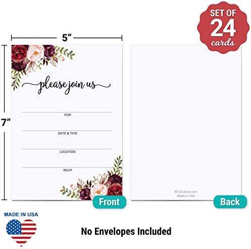 321Done Blank Floral Invitations (Set of 24) 5x7 Inches Fill-in Invites for Party, Wedding, Bridal, Baby Shower - Произведено