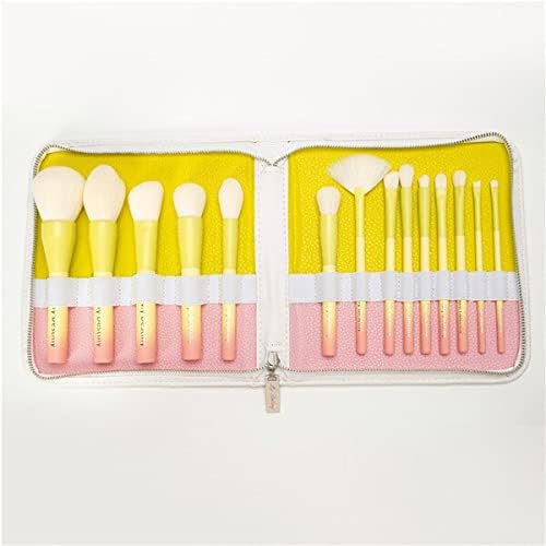 Make Up Brushes VDL + Pro 14Pcs Makeup Brush Set Gradient Pink Powder Blush Brush Complete Make Up Tool Kit with Leather Bag - (Цвят на дръжката: жълт с чанта)