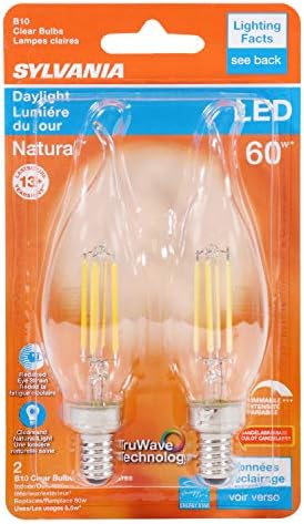 SYLVANIA LED TruWave Natural Series Candelabra Base Light Bulb, 60W Daylight, Dimmable, Clear, Свещ Tip - 2 Pack