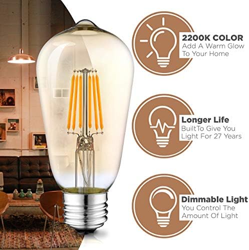 Hudson Vintage LED Edison 6W Light Bulbs (6 Pack) - 2200K Dimmable Warm Lightbulbs (еквивалент 60W) - E26/27 Base Amber