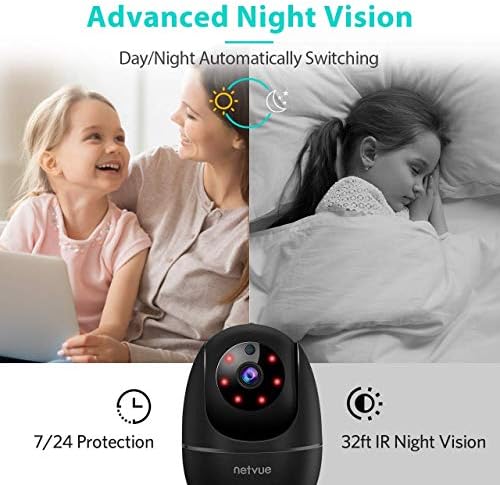 Netvue Indoor Камера, 1080P FHD 2.4 GHz WiFi Пет Camera, Home for Camera Пет/Baby/на Nanny, Dog Camera 2-Way Audio, Indoor Security Camera Night Vision, AI Human Detection, Cloud Storage/TF Card, Черен