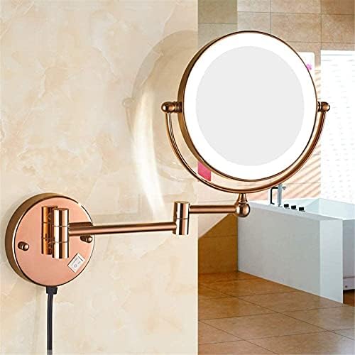 Двустранно Огледало за Грим с Подсветка и Увеличение, 8-инчов Латунное Монтиране на Led Огледало за Баня, 360° Завъртане