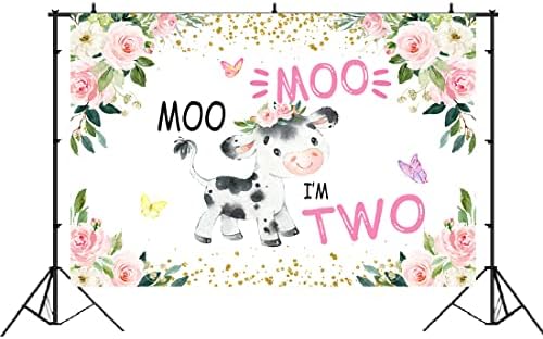 Lofaris Holy Cow 2nd Birthday Party Background Moo Moo I ' m Two Girls Birthday Background Pink Floral Farm Animals Happy Bday Party Decorations Cake Table Banner 5x3ft