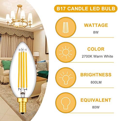 CRLight 8W Dimmable LED Candelabra Bulb 2700K Warm White 80W Equivalent 800LM, E12 Base LED Filament Свещ Bulbs, с цилиндрична