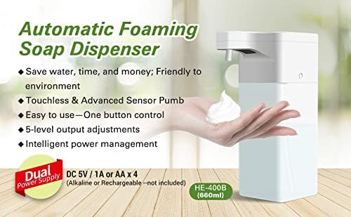 PolyGens 660ml Dual Power Supply Automatic Foaming Soap Dispenser, Smart Power Management,Touchless Foam Soap Dispenser,5-Level