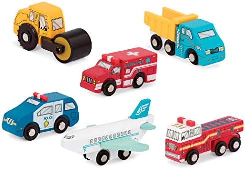 Battat - Wooden Vehicles – Миниатюрни дървени играчки за пишещи машини и камиони, включително играчка самолет, парна пързалка и полицейска кола за деца от 3 години и по-възрас?