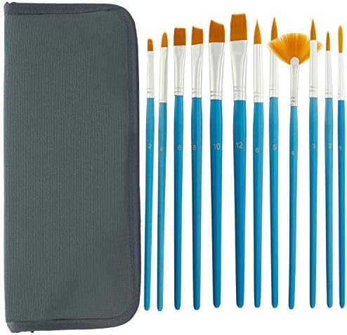 U. S. Art Supply 12-Piece Short Handle Nylon Hair Artist Paint Brush Set Blue Handle with Carry Case