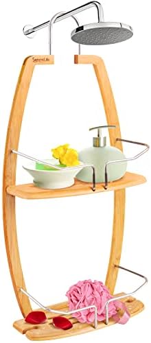 Rustproof Hanging Wood Душ Кутийка - 2 Етап Waterproof and Natural Bamboo Bathroom Wall Organizer with Stainless Steel Срок Rack for Shampoo, Conditioner and Soap Storage - SereneLife SLSHCD45