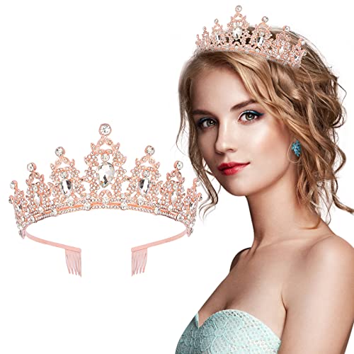 Crown за Жени KICOSY Розово Злато Диадема Сватбена Превръзка на Главата с Гребен Принцеса Короната за Момичета Рожден