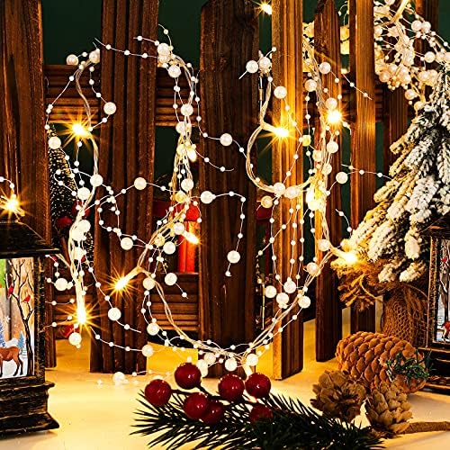 10 Фута 30 LED Коледа Light Metal Berry Beaded Garland Indoor Коледа String for Lights Fireplace Mantel Indoor Коледа Light Decorations (White)