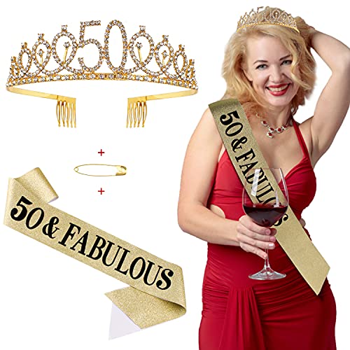50th Birthday Decorations Women, KICOSY Birthday Sash and Tiara, Gift for Women Birthday Crowns 50th Birthday Party Доставки 50th New Year Hair Accessories (Rose Gold)