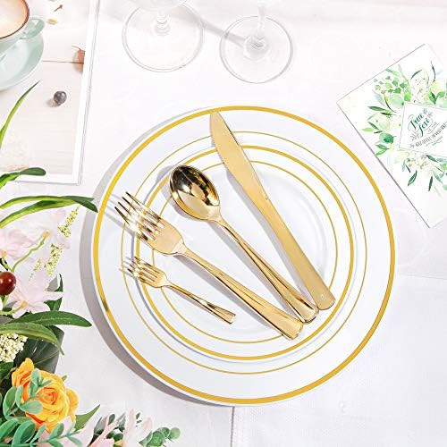 WDF 25Guest Gold Пластмасови чинии със Злато и сребро,чаши за Еднократна употреба-включва 25 места за хранене чинии, 25 маруля чинии, 50 вилици, 25 ножове, 25 лъжици и пластмасов?