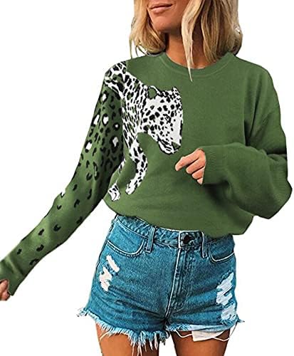 Angashion Дамски Ежедневни Блузи с Леопардовым Принтом Лоскутные Дълги Ръкави Вязаный Пуловер Съкратен Пуловер Върховете