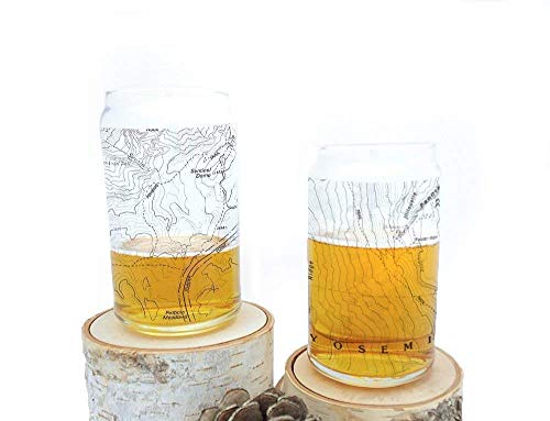 Пинтовые чаши от Black Lantern – Ръчно изработени Can формата на сърце Craft Beer Glasses and Bar Glassware – Yosemite National Park Topographic Map Design (Комплект от две 16oz. Очила)