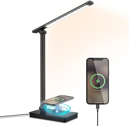 Светодиодна Настолна Лампа с Безжично Зарядно Устройство, Грижа за Очите Тенис на Светлина и Затъмняване 1 USB Зарядно