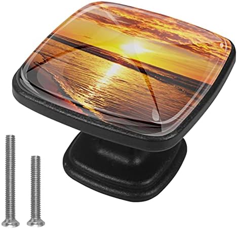 4-Piece Set Cabinet Knobs Beautiful Square Glass Drawer Handles Sky Sunrise Sunset Over Ocean for Drawer ,Cabinet