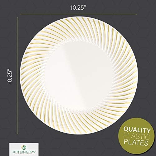 За еднократна употреба Пластмасови Кът чинии - 50 Pack 10.25 Cream Plate with Elegant Gold Завъртете Rim Design for Wedding, Birthday, Dinner Party - by Elite Selection