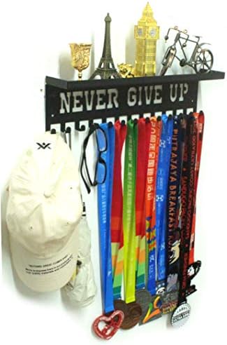 URBN BY MODERN HOME FINISHINGS Never Give Up Motivational Sports Medal Holder Display Rack Case Ribbon Hanger with Срок and Hooks