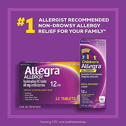 Allegra Adult Non-Sleepy Антихистаминови хапчета за 12-часов облекчаване на алергии, 60 mg, 12 броя