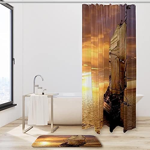 Sunset Ocean Sail Ship Shower Curtain and Mat Set, Bathroom Fabric Curtains Waterproof Colorful Смешни with Hooks， 70.8