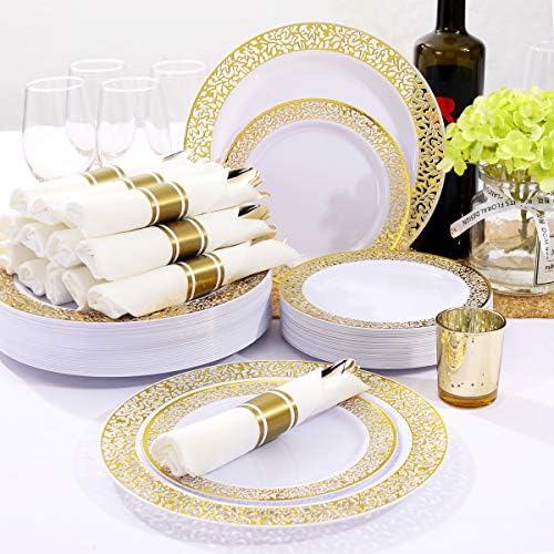 LLSF 210 бр Златни пластмасови чинии, Еднократни прибори за хранене, включва в себе си: на 30 места за хранене чинии,