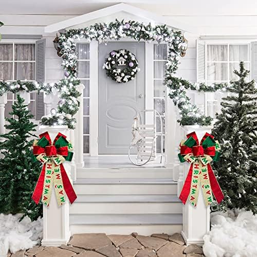 Hy Голям Коледен Лък за Венец, Зелено Червено Кадифе Панделки за Входната Врата, Стени на Оградата Декор, Весела Коледа