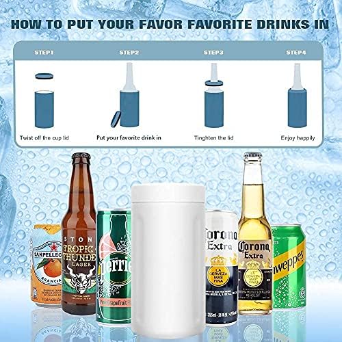 4-in-1 Slim Can Cooler for 12 Oz Skinny Can, Regular Can & Beer Bottle - Изолатор вакуумни кутии от неръждаема стомана двойни стени за топли и студени напитки - Бял