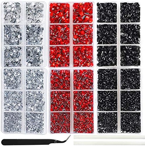 Outuxed 5040pcs Clear,5040pcs Red and 5040pcs Black Hotfix Rhinestones 6 Смесен Size Crystal Flatback Rhinestones for
