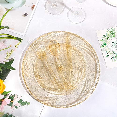 WDF 150шт Златни пластмасови чинии за еднократна употреба с Пластмасови прибори за хранене и Златни чаши - Златен блясък Дизайн включва 25 места за хранене чинии,25 мару