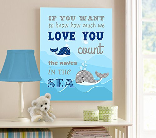 В морето на Океанските китове - Опъната платно Детски Стенен арт декор - Ако искате да знаете, колко те обичам Рима - Детски подарък - Дървена конструкция, дограма - Го