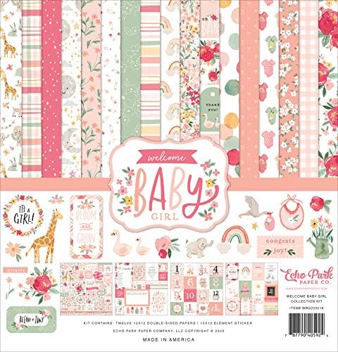 Echo Park Paper Collection Пакет: Welcome Baby Girl 12 x 12 Collection Kit + Welcome Baby Girl 12 x 12 Cardstock Elements Sticker Sheet